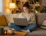 Młoda kobieta siedzi na kanapie z laptopem, korzystając z biblioteki online dla studentów.