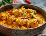 En krämig kyckling curry gryta med bitar av kyckling, chili och persilja i en rustik skål.