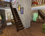 Wnętrze domu w The Sims 4: drewniane schody, kamienna ściana, jasna lodówka i przytulne meble. Idealne do budowania!