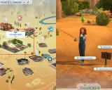 Mapa gry The Sims 4 z zaznaczonym parkiem "Pustynny Kwiat". Obok postać z wędką, gotowa na łowienie ryb.