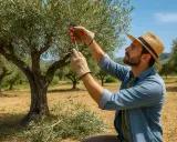 Un homme au chapeau de paille s'applique à tailler un olivier d'ornement, sous un ciel bleu d'été.