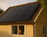 Solpaneler på ett gult trähus. Taket har en minsta lutning för optimal solinstrålning.