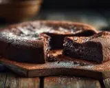 Un délicieux cake au chocolat, saupoudré de sucre glace, est servi sur une planche en bois rustique. Une part est coupée, révélant sa texture moelleuse.