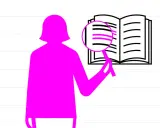Eine pinke Silhouette einer Person hält eine Lupe über ein offenes Buch mit markierten Zeilen.