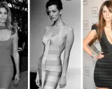 Three women showcase the iconic bandage dress, a symbol of body-hugging glamour and timeless style.