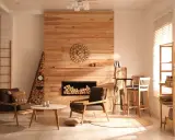 Salón acogedor con chimenea de madera, muebles de estilo rústico y luz cálida entrando por la ventana.