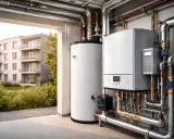 Moderne Gas-Etagenheizung mit großem Warmwasserspeicher, bereit für effiziente Wärmeversorgung eines Mehrfamilienhauses.