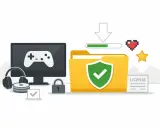 Bezpieczne pobieranie darmowych gier na PC. Monitor z padem, słuchawki, dyski, folder z licencją i zieloną tarczą.