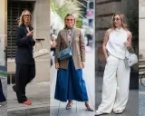 Pięć kobiet prezentuje modne spodnie slouchy stylizacje: od eleganckich garniturów po luźne, szerokie nogawki.