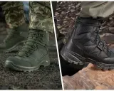Dwa rodzaje butów trekkingowych: zielone, sznurowane, na ziemi i czarne, na kamieniach. Idealne na trudny teren.