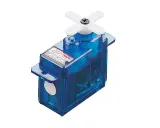 Ein blauer Hitec HS-55 Servo mit weißem Kreuz-Servoarm, bereit für den Einsatz in Modellbauprojekten.