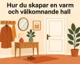 En mysig hall med en rock på kroken, en spegel, en lampa och en växt. En dörr och en matta fulländar bilden.