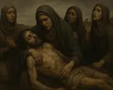 Smutek i rozpacz kobiet nad ciałem Chrystusa. Wzrok skierowany ku górze, jakby szukając pocieszenia w tym trudnym momencie. Lament świętokrzyski.