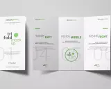 Un folleto triptico ejemplo con diseño limpio. Muestra la portada y las páginas interiores de un folleto plegado en tres.