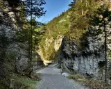 Kamienna ścieżka prowadzi przez wąwóz, przez drewniane mostki. Piękna zakopane trasa w otoczeniu gór i lasu.