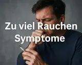 Mann hustet mit Zigarette in der Hand. Text: Zu viel Rauchen Symptome.