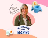 Dottoressa sorridente con stetoscopio, vasino e rotolo di carta igienica. Affronta temi come vomito e diarrea bambini.