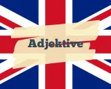 Die britische Flagge mit dem Wort "Adjektive" darauf. Ein tolles Bild, um englische Adjektive zu lernen.