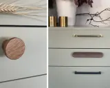 Detaljer från en ommålad byrå i ljusgrönt. En rund träknopp till vänster, och tre olika handtag på lådorna till höger.