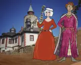 Eine Frau mit Schlüsselbund und ein Mann in mittelalterlicher Kleidung vor einer Burg.