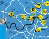 Map highlighting gay friendly places to live in London, with icons representing music, art, food, and community.