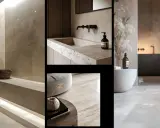 Bagno in travertino moderno con lavabo integrato, rubinetteria nera e dettagli in legno. L'ambiente è elegante e rilassante.