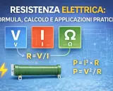 La **resistenza fisica formula** è spiegata con simboli V, I, Ω e formule R=V/I, P=I²×R, P=V²/R.