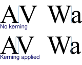 Porównanie odstępów między literami: "No kerning" z szerokimi odstępami i "Kerning applied" z dopasowanymi odstępami dla lepszej czytelności.