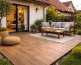Un suelo exterior de madera sobre cemento transforma un patio en un oasis acogedor. Sofá, mesa y luces crean un ambiente perfecto.