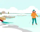 En kvinna åker skridskor på en frusen sjö. Hon bär en orange jacka och en grön hjälm. Frågan är hur tjock ska isen vara för att vara säker.