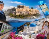 Eine Polizistin lächelt vor der Akropolis. Ein Zug fährt ein, während eine Frau auf Santorini fotografiert. Das Bahnnetz Griechenlands ist verbunden.