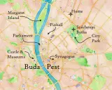 Mapa turystyczna pokazuje, gdzie jest Budapeszt: Parlament, Zamek i Muzea, Wyspa Małgorzaty, Széchenyi Baths, Park Miejski, Synagoga.