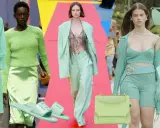 Moda in verde menta: abiti, maglioni, pantaloni, borse e occhiali da sole.