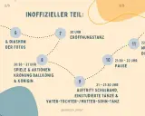 Zeitplan für den Abiball: Einlass, Reden, Eröffnungstanz, Spiele, Krönung, Auftritte, Pausen, Überraschung und Party bis zum Morgen.