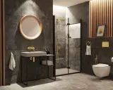 Nowoczesna łazienka z prysznicem, umywalką i podwieszaną miską WC. Złote baterie i dodatki dodają elegancji. Bidetta na jakiej wysokości? Jest zamontowana obok miski WC.