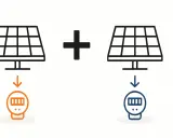 Zwei Solarmodule mit Pfeilen, die auf zwei Stromzähler zeigen. Ein orangefarbener, ein blauer. 15 eeg.
