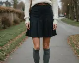 Stylizacja na jesień: jak nosić długie skarpety do spódniczki i swetra.