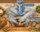 Ilustración de una chimenea que hace humo, con un gato dormido y leña. Muestra cómo arreglar una chimenea que hace humo por falta de tiro.
