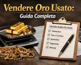 Lingotti d'oro 750, gioielli e una bilancia, con una checklist per la vendita di oro usato.
