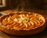 Une délicieuse tarte normande aux pommes, encore fumante, avec sa croûte dorée et ses pommes caramélisées. Un délice !