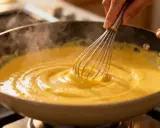 Mains d'un cuisinier fouettant une sauce hollandaise crémeuse dans une poêle sur la cuisinière.
