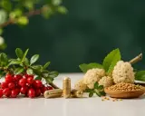 Berberyna i inozytol w kapsułkach, obok gałązki z czerwonymi owocami, białych owoców i nasion w drewnianej miseczce.