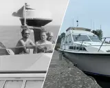Kungens båt Storebro, en klassiker på vattnet. Bilden visar en historisk bild av tre män på en båt och en modern bild av samma båt vid kaj.