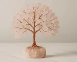 Albero decorativo con tronco e rami in filo di rame, foglie di quarzo rosa. Il quarzo rosa significato esoterico è legato all'amore e alla serenità.