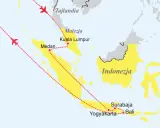 Mapa pokazuje, gdzie leży Malezja, między Tajlandią a Indonezją. Zaznaczono loty do Kuala Lumpur i Medanu.