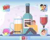 Smutny mężczyzna obok butelki alkoholu, piwa i kieliszka wina. Czy alkohol podnosi ciśnienie? Wizerunki wątroby, mózgu, śpiącej kobiety i dzieci.