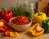 Un poivron rouge entier, coupé en deux, et des morceaux de poivrons jaunes et verts. Un bol de poivron rouge haché est au centre.