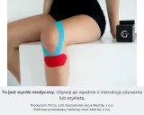 Kolorowe tejpy na kolanie, pokazujące jakie tejpy wybrać do rehabilitacji. Obok pudełko z produktem.