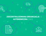 Zdecentralizowana organizacja autonomiczna (DAO) to przyszłość zarządzania. Ikony symbolizują analizę, logistykę, cele, dokumenty i siedzibę.