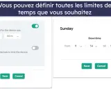 Interface de contrôle parental PC pour définir des limites d'utilisation quotidiennes et des plages horaires de temps d'arrêt.